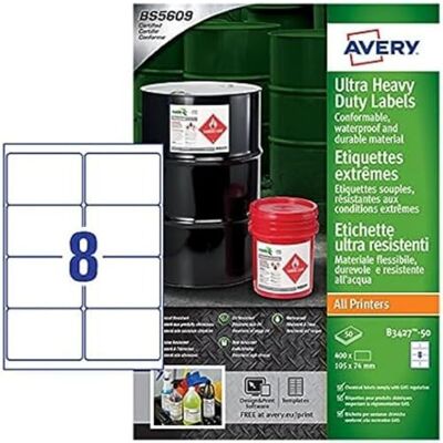 Avery B 3427-50 formato A4, Ultra resistenti impermeabili GHS BS5609 etichette, certificati, per tutti i tipi di stampanti, 105 x 74 mm, colore: bianco Avery B 3427-50 formato A4, Ultra resistenti impermeabili GHS BS5609 etichette, certificati, per tutti i tipi di stampanti, 105 x 74 mm, colore: bianco