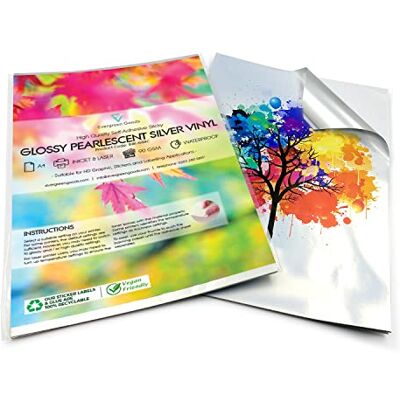 EVG Evergreen Goods Etichette adesive in vinile argento lucido, 20 fogli A4, impermeabili, stampabili, autoadesive, compatibili con Cricut e Silhouette EVG Evergreen Goods Etichette adesive in vinile argento lucido, 20 fogli A4, impermeabili, stampabili, autoadesive, compatibili con Cricut e Silhouette