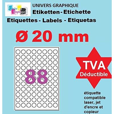 UNIVERS GRAPHIQUE UniversGraphique, 1760 Mini Etichette Rotonde Adesive su Fogli A4, Colore Bianco, Diametro 20 mm, Fogli 20, 88 Etichette per Foglio, Ref UNIVERS GRAPHIQUE UniversGraphique, 1760 Mini Etichette Rotonde Adesive su Fogli A4, Colore Bianco, Diametro 20 mm, Fogli 20, 88 Etichette per Foglio, Ref