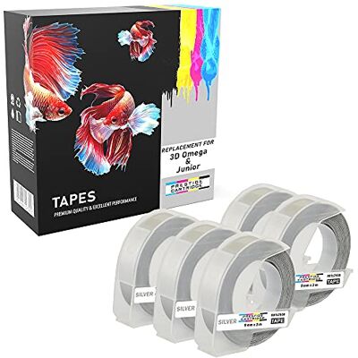 PRESTIGE CARTRIDGE 5 Compatibili Rotoli bianco su argento 9mm x 3m Nastri a rilievo (plastica, autoadesive) per DYMO Omega e Junior Goffratura macchina PRESTIGE CARTRIDGE 5 Compatibili Rotoli bianco su argento 9mm x 3m Nastri a rilievo (plastica, autoadesive) per DYMO Omega e Junior Goffratura macchina