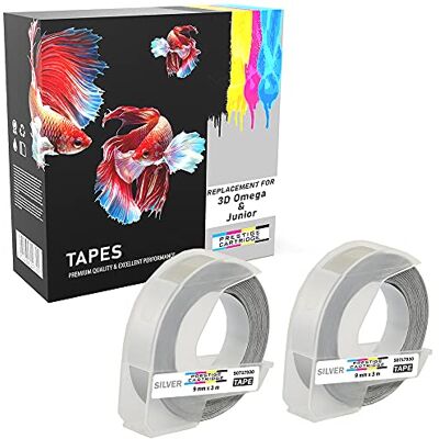 PRESTIGE CARTRIDGE 2 Compatibili Rotoli bianco su argento 9mm x 3m Nastri a rilievo (plastica, autoadesive) per DYMO Omega e Junior Goffratura macchina PRESTIGE CARTRIDGE 2 Compatibili Rotoli bianco su argento 9mm x 3m Nastri a rilievo (plastica, autoadesive) per DYMO Omega e Junior Goffratura macchina