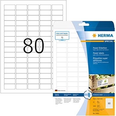 HERMA Power Labels Etichette autoadesive DIN A4, 32 pezzi, 35,6 x 16,9 mm, 800 fogli, opache, autoadesive, stampabili, universali, 64.000 etichette adesive, colore: bianco HERMA Power Labels Etichette autoadesive DIN A4, 32 pezzi, 35,6 x 16,9 mm, 800 fogli, opache, autoadesive, stampabili, universali, 64.000 etichette adesive, colore: bianco