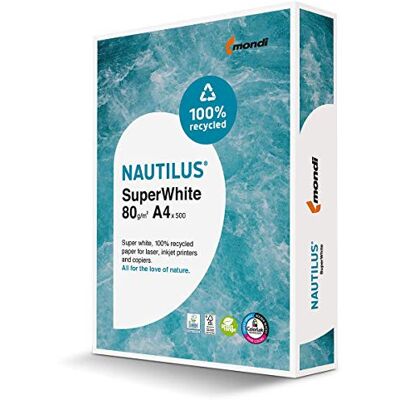 Mondi Carta riciclata 100% Nautilus Super White per stampa laser/inkjet, formato A4 80gr./mq, 500 fogli Mondi Carta riciclata 100% Nautilus Super White per stampa laser/inkjet, formato A4 80gr./mq, 500 fogli