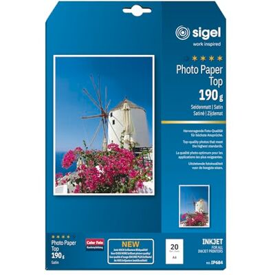 Sigel Carta fotografica Top per stampa inkjet A4 , professionale, finitura satinata opaca, 190 g/m², 20 fogli Sigel Carta fotografica Top per stampa inkjet A4 , professionale, finitura satinata opaca, 190 g/m², 20 fogli