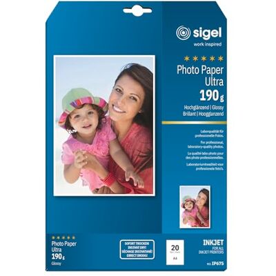 Sigel Carta fotografica Ultra per stampa inkjet A4 , professionale, ultra lucida, 190 g/m², 20 fogli Sigel Carta fotografica Ultra per stampa inkjet A4 , professionale, ultra lucida, 190 g/m², 20 fogli