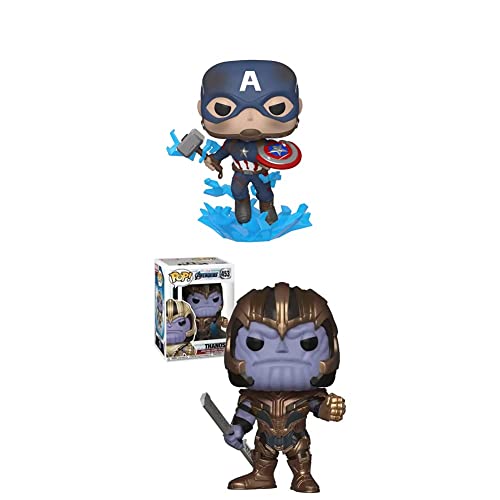 Funko Pop Marvel: Endgame- Captain America w/BrokenShield & Mjolnir & Pop! Bobble: Avengers Endgame: Thanos, Multicolore, Standard