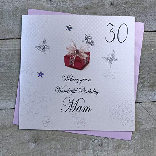 WHITE COTTON CARDS 30 Wishing You A Wonderful Mam,Handmade 30th Birthday Card (Red Pressie), Bianco