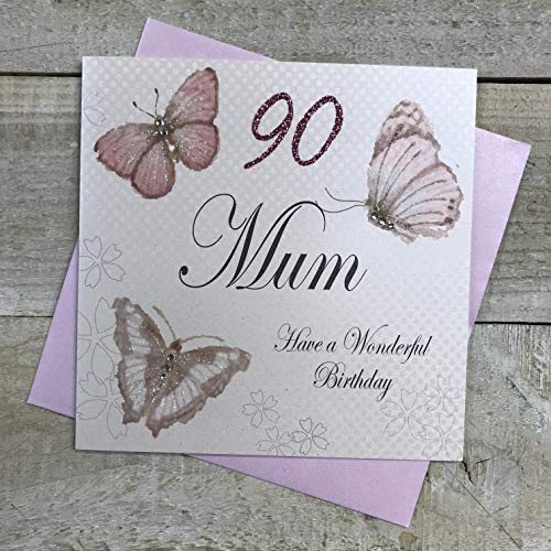 WHITE COTTON CARDS -Biglietto con Scritta Mum, 90 cm, Motivo: Have a Wonderful Birthday, Motivo: Farfalle Vintage, 90° Compleanno, Colore: Bianco