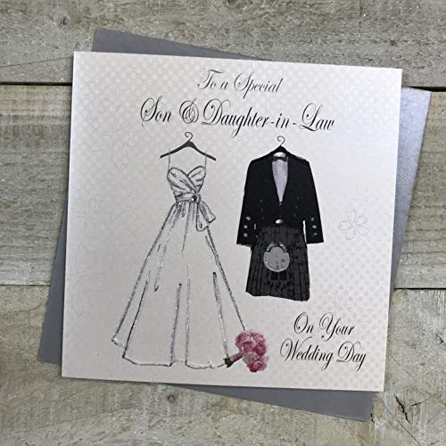 WHITE COTTON CARDS Biglietto Scozzese Fatto a Mano con Scritta To a Special Son Daughter-in-Law on Your Wedding Day Bride Gown And Kilt, , Bianco, 16cm x 16cm