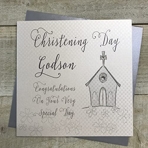 WHITE COTTON CARDS wb46 C-God/s Chiesa d' Argento, Christening Day Godson Congratulations Card, Bianco