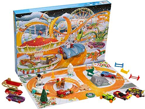 Hot Wheels Calendario dell'Avvento, 8 macchinine  a Tema Natalizio e Accessori Assortiti con Tappetino da Gioco, Regalo e Giocattolo per Bambini 3+ Anni,