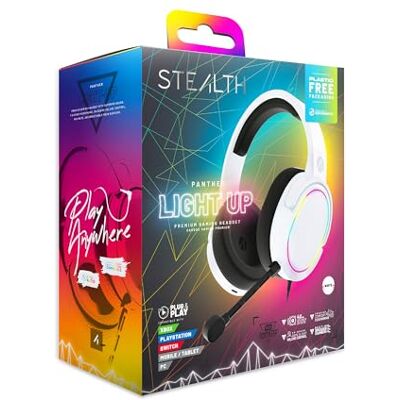 STEALTH Panther, cuffie da gioco con LED RGB, bianche, compatibili con PS4/PS5, XBOX, Switch, PC con microfono flessibile, jack da 3,5 mm, cavo da 1,5 m, leggere, comode e resistenti STEALTH Panther, cuffie da gioco con LED RGB, bianche, compatibili con PS4/PS5, XBOX, Switch, PC con microfono flessibile, jack da 3,5 mm, cavo da 1,5 m, leggere, comode e resistenti