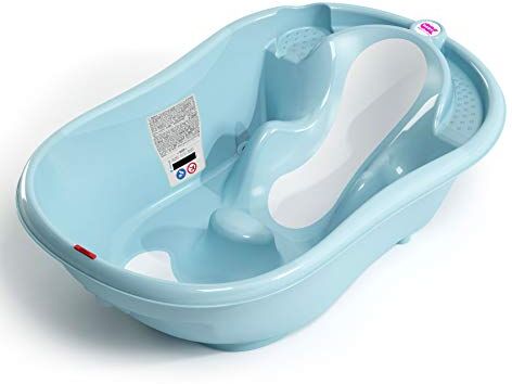 OKBABY Onda Evolution Vaschetta dal Design Ergonomico con Seduta Antiscivolo per il Bagnetto del Neonato 0-12 Mesi Azzurro