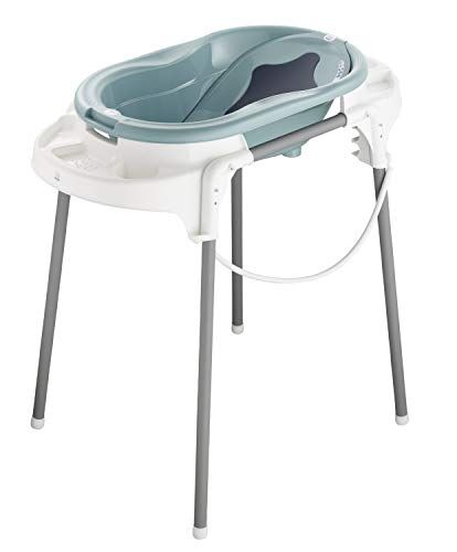 Rotho Babydesign TOP Stazione per bagnetto, Con vaschetta, cavalletto, schienale rimovibile e tubo di scarico flessibile, 0-12 mesi, Blu (Lagoon),