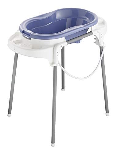 Rotho Babydesign TOP Stazione per bagnetto, Con vaschetta, cavalletto, schienale rimovibile e tubo di scarico flessibile, 0-12 mesi, Blu (Cool Blue),