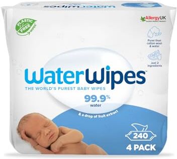 WaterWipes Original Salviette Senza Plastica per Bebè, 240 Unità, 4 Confezioni, Salviette Umidificate al 99,9% a Base di Acqua & Inodori per Pelli Sensibili (l'imballaggio può variare)