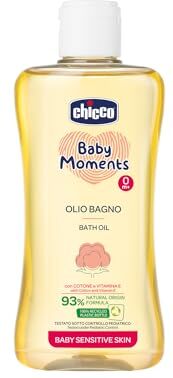 Chicco Baby Moments Olio Bagno per Pelli Sensibili, con Formula Naturale ad Azione Delicata e Idratante, 0+ Mesi 200 ml