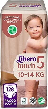 Libero , Pannolini Touch Pant per Bambini, 128 Pannolini Taglia 5 per Bambini da 10-14 Kg, 4 Confezioni da 32 Pannolini Monouso