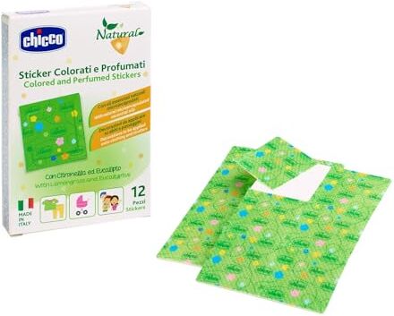 Chicco Natural Cerotti Sticker Colorati Profumati alla Citronella e Eucalipto, con Oli Essenziali in Microcapsule che si Attivano Strofinandole, Applicare su Vestiti, Passeggini, Multicolore, 12 pezzi