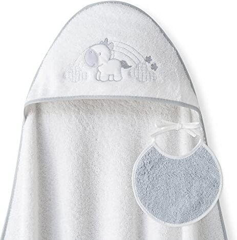 Interbaby Asciugamano Mantellina con cappuccio per bambini con bablagino Unicorno Nuvole bianco y grigio