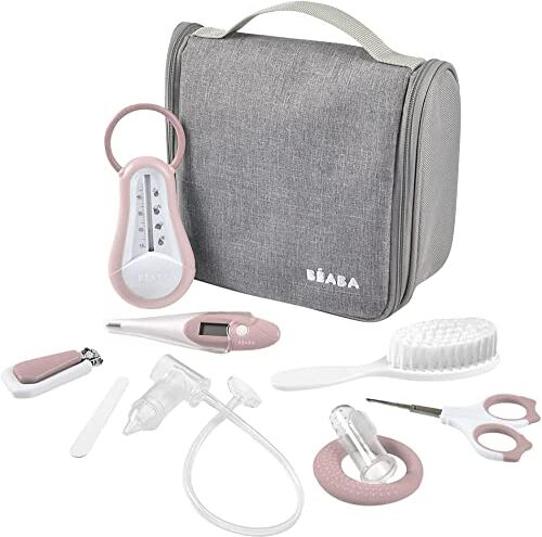 Béaba Set per la Cura del Bambino, Kit Completo de 9 Accessori: Termometro da Bagno Digitale, Aspiratore nasale, Massaggiatore di Gengive, Borsa da Toilette da Viaggio, Old Pink