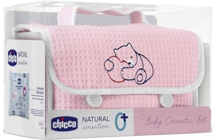 Chicco Natural Sensation, Set per Cambio Pannolino e Bagnetto con Beauty Case in Cotone, Bagno Shampoo Senza Lacrime 200 ml, Crema Corpo 50 ml, Pasta Lenitiva 00 ml, Salviette Detergenti, Rosa