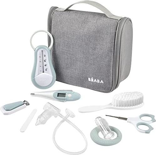 Béaba Set per la Cura del Bambino, Kit Completo de 9 Accessori: Termometro da Bagno Digitale, Aspiratore nasale, Massaggiatore di Gengive, Borsa da Toilette da Viaggio, Green Blue