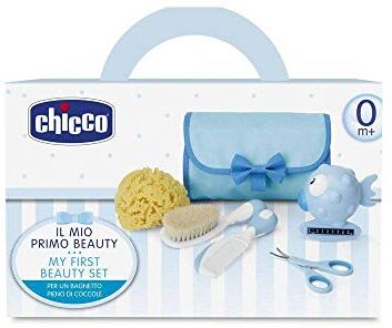 Chicco Set Igiene Per La Cura Dei Bambini, Composto Da Un Pettine, Una Spazzola Morbida, Termometro, Guanto Da Bagno In Spugna E Un Paio Di Forbici, Azzurro