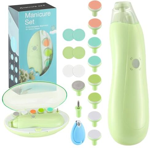 Zooawa Kit Tagliaunghie Elettrica Sicura per Bambini, kit Lima per Unghie per Bambini, Testina di Ricambio Aggiuntiva, per Punta e Unghie Neonato Verde Avocado