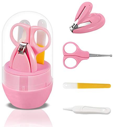 SONARIN Clipper per unghie Kit per bebe, kit per la cura del bambino 4 in 1, con Tagliaunghie, Forbicine, limetta per unghie e Pinzetta, kit per la cura delle unghie per neonato o bambino(Rosa)