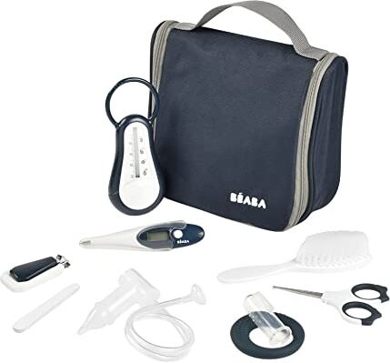 Béaba Set per la Cura del Bambino, Kit Completo de 9 Accessori, Termometro da Bagno Digitale, Aspiratore nasale, Massaggiatore di Gengive, Borsa da Toilette da Viaggio, Blu notte