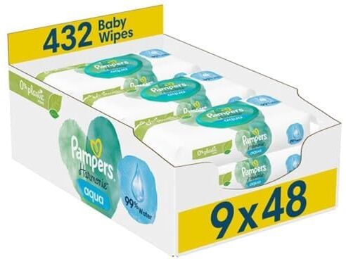 Pampers Salviettine Aqua, 432 Salviette Per Neonati (9 x 48 Salviette), Protezione Della Pelle Sensibile Con 99% Acqua