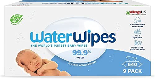 WaterWipes Original Salviette Senza Plastica per Bebè, 540 Unità, 9 Confezioni, Salviette Umidificate al 99,9% a Base di Acqua & Inodori per Pelli Sensibili