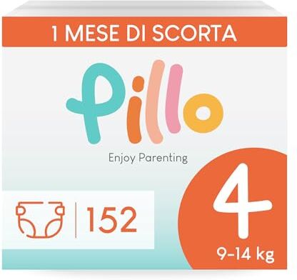 PILLO PREMIUM Pillo Pannolini Taglia 4 Scorta da 152 Pannolini, 4 Confezioni da 38 Pannolini Taglia 4 Maxi (9-14 kg), Pannolini Pillo Prima Infanzia