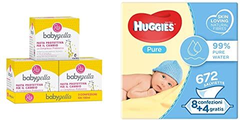 Babygella Pasta Protettiva  per Cambio Pannolino, 450 ml con Complesso Prebiotico & Huggies Pure Salviette Umidificate per Bambini, 672 Salviette