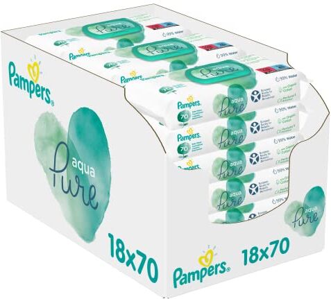 Pampers Salviette per neonati multipack, Aqua Pure, 1260 pezzi (18 x 70), essenziali per neonati realizzati in cotone biologico per un tocco morbido