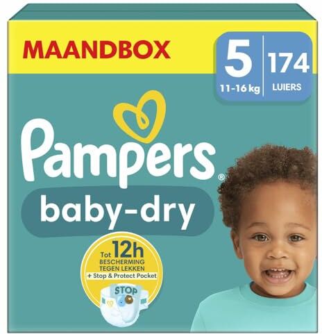 Pampers Pannolini taglia 5 (11-16 kg) Baby-Dry, Junior, MONATSBOX, fino a 12 ore, protezione completa contro le perdite, 174 pezzi