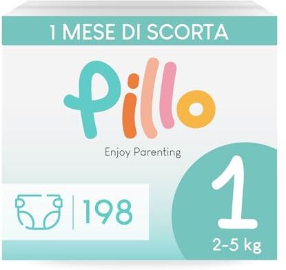 PILLO PREMIUM Pillo Pannolini Taglia 1 Scorta da 198 Pannolini, 6 Confezioni da 33 Pannolini Taglia 1 New Born (2-5 kg), Pannolini Neonato 0-3 Mesi