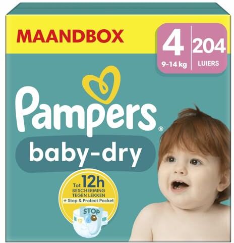 Pampers Pannolini taglia 4 (9 – 14 kg) Baby-Dry, Maxi, 204 pezzi, scatola mensile, fino a 12 ore di protezione completa contro le perdite