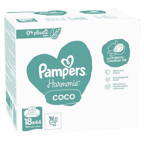 Pampers Harmonie Coco Baby Salviette umidificate, 18 x 44 pezzi, 792 panni con olio di cocco, idratanti e protettivi