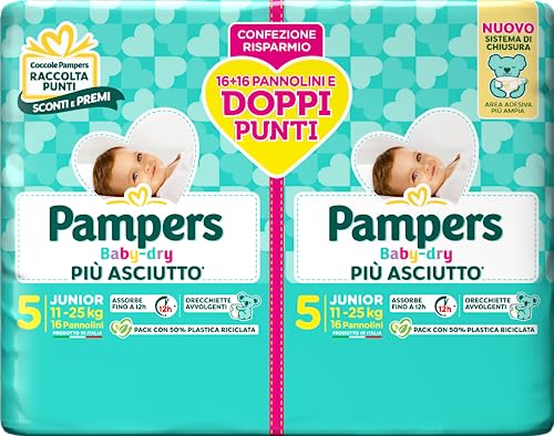 Pampers Baby Dry Junior, Pacco Doppio DWCT, Taglia 5 (11-25 kg), 32 Pannolini