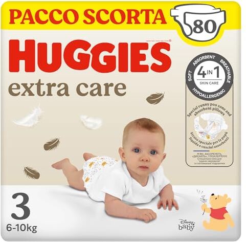 Huggies Pannolini Extra Care, Taglia 3 (4-9 Kg), Confezione da 80 Pannolini (40x2)