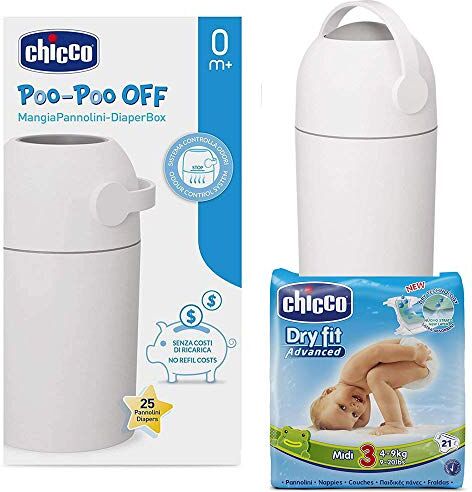 Chicco Set iniziale ODOUR OFF – Pattumiera per pannolini argento – sistema inodore, sacchetti tradizionali utilizzabili + pannolini  misura 3 (4-9 kg)