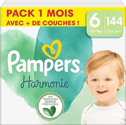 Pampers Pannolini armonia Taglia 6 (13+ kg), 144 Pannolini Bambino, Confezione 1 Mese, 100% Assorbimento & Ingredienti di origine vegetale, Ipoallergenici, Ora con Più Pannolini