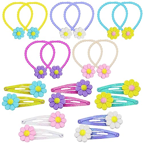 PinkSheep Fiore 10Pack/20PCS Accessorio per capelli, cravatte per capelli per bambini Clip per capelli carini Barrette a scatto in metallo Bande di gomma morbida colorate per ragazze