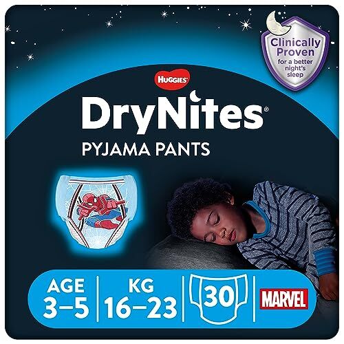 Huggies DryNites, pannolini assorbenti notturni per bagnare il letto, per ragazzi 3-5 anni (16-23 kg), 30 pezzi
