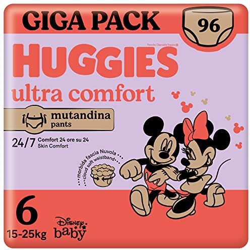 Huggies Ultra Comfort, Pannolini Taglia 6 (15-25 kg), Mutandina design Disney, Pacco Giga, 96 Pz