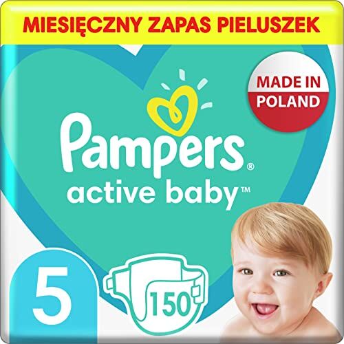 Pampers Baby Pannolini per bambini, taglia 5 (11-16 kg) Active Baby, 150 pezzi, confezione mensile, protezione da perdite tutto il giorno
