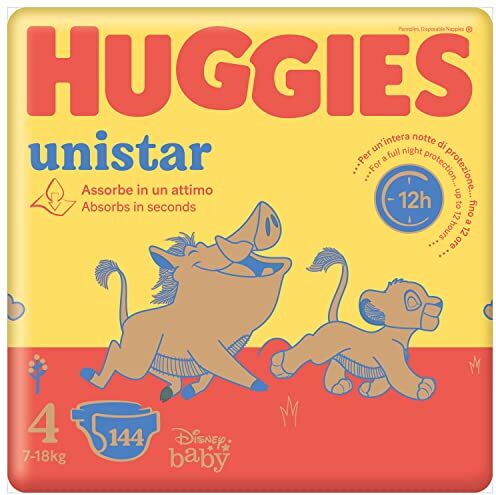 Huggies Unistar, Pannolini Taglia 4 (7-18 Kg), Design Disney, Pacco Scorta, 144 Pz