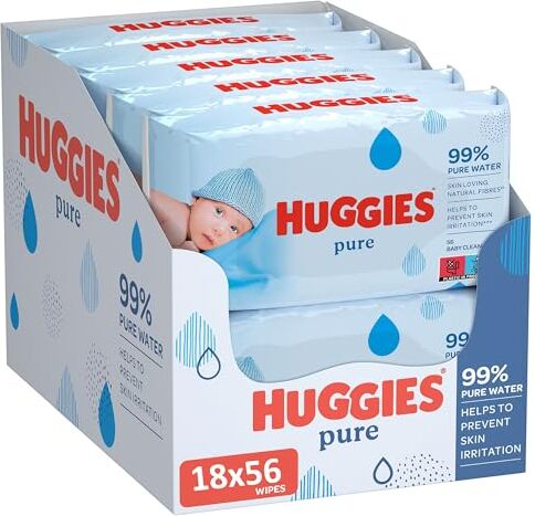 Huggies Pure Baby Wipes Bulk Salviette umidificate per bambini, 99% di acqua, Senza profumo, 18 confezioni x 56 salviette (1.008 salviettine in totale) [La confezione può variare]